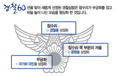 경찰60년을 맞아 새롭게 선정된 경찰심벌은 참수리가 무궁화를 잦고 하늘 높이 나는 모습을 형상화 한 것입니다. (참수리: 경찰을 상징화, 참수리 목 부분의 저울: 공평을 상징화, 무궁화: 국가와 국민을 상징화)