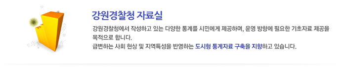 강원지방경찰청 자료실: 강원경찰청에서 작성하고 있는 다양한 통계를 시민에게 제공하며, 운영 방향에 필요한 기초자료 제공을 목적으로 합니다. 급변하는 사회 현상 및 지역특성을 반영하는 도시형 통계자료 구축을 지향하고 있습니다.